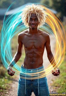 Standing shirtless outdoors, a smiling man is circled by rings of blue and yellow light