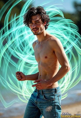 A man with no shirt in jeans encircled by bright teal light ribbons