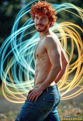 A shirtless red-haired man in blue jeans outdoors with swirls of blue and gold trails of light behind him