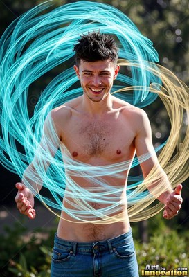 A man with a bare chest smiles outdoors encircled by swirls of bright blue and pale yellow light streaks
