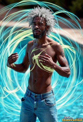Standing by a blue pool, a man without a shirt is ringed by yellow and cyan light loops