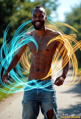 On a sunny path, a smiling man without a shirt stands in swirls of blue and gold light