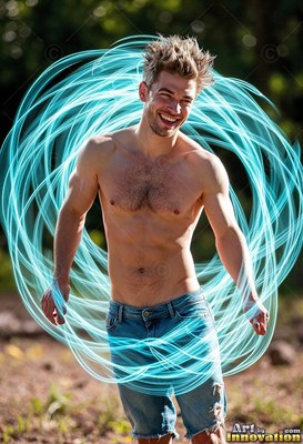 Smiling outdoors, a shirtless man stands inside swirling rings of bright blue light