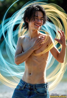 Smiling man with a bare chest with blue and loops of yellow ribbons of light