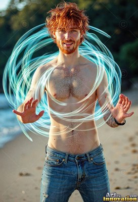 With messy red hair on a beach, a man with a bare chest holds out his hands inside circles of blue light