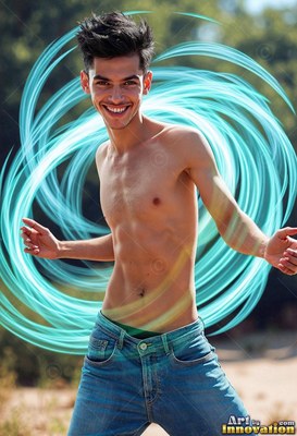 A bare-chested young man smiles outdoors, encircled by looping swirls of bright cyan light