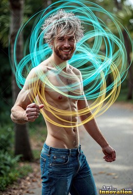 Standing sideways on a park path, a smiling man is circled by blue and golden light loops