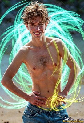 A smiling man with a bare chest in jeans stands inside swirling green and streaks of yellow light