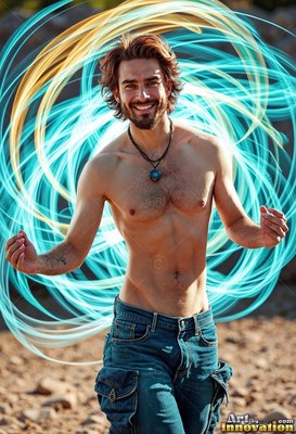 On dry dirt ground, a shirtless smiling man stands inside loops of blue light ribbons