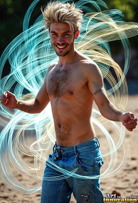 Smiling outdoors, a man with no shirt in jeans is encircled by loops of bright blue light