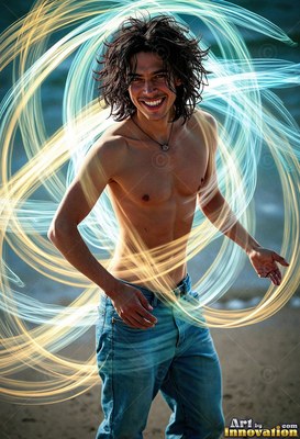 A smiling man in jeans with a bare chest is circled by blue and gold light trails