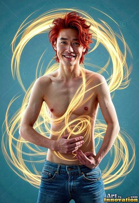 Bright red hair frames a smiling man without a shirt ringed by loops of yellow light on blue