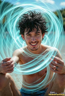 A smiling man without a shirt sits outside as spinning circles of pale bright blue light curve around him