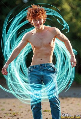 Outdoors, a smiling bare-chested young man is encircled by swirling light loops