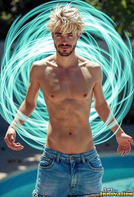Standing shirtless by a pool, a blond man poses inside swirling blue light rings