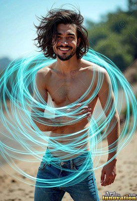 Shirtless smiling man circled by cyan light loops