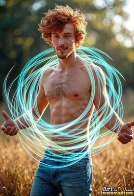 Tousled red hair in a grassy field, a man with a bare chest stands encircled by rings of blue light
