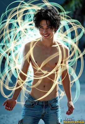 A shirtless smiling man stands inside swirling loops of pale yellow and turquoise light