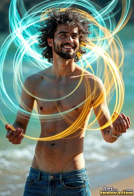 Facing forward on a beach, a shirtless smiling man holds loops of yellow and bright blue light