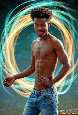 In a dim park, a smiling man with a bare chest poses within rings of blue and gold light
