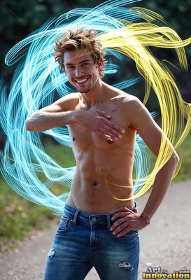 Smiling outdoors, a shirtless man in jeans stands inside swirls of blue and streaks of yellow light