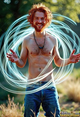 A shirtless smiling man encircled by swirls of light