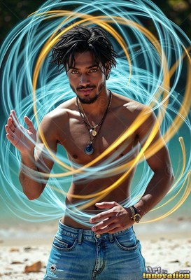 A shirtless man in blue jeans stands on a sunny beach inside circles of blue and trails of yellow light