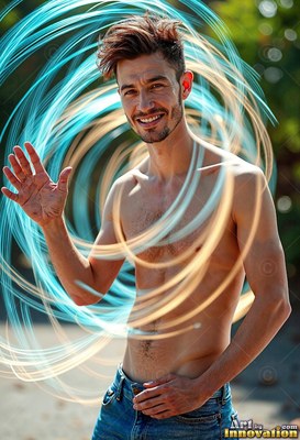 A smiling man with no shirt waves while swirls of blue and golden light loop around him