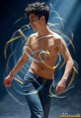 In a dark studio, a smiling young man without a shirt is encircled by blue and golden light trails