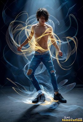 A young man with a bare chest dancing inside swirls of gold and bright blue trails of light