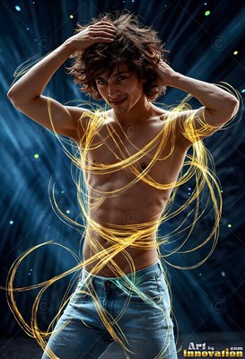 A shirtless young man touches his hair as thin yellow light loops around his chest