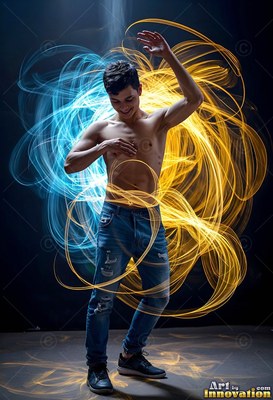 A man with no shirt in jeans poses inside loops of blue and yellow light