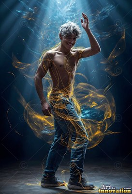 In a dark room, a shirtless young man dances wrapped in swirling gold light ribbons