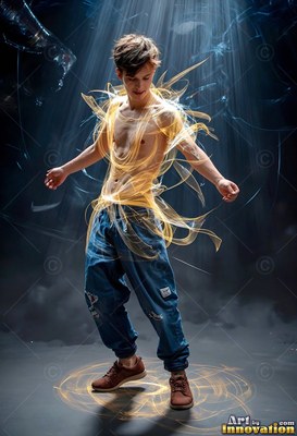 Pausing mid-step, a shirtless young man in baggy jeans stands encircled by golden light ribbons