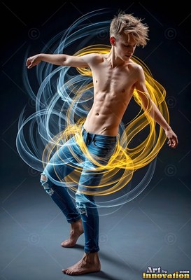 Barefoot young man in jeans circled by blue and gold light trails