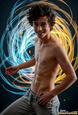 Messy dark hair on a smiling man with a bare chest against a dark background with blue and golden light