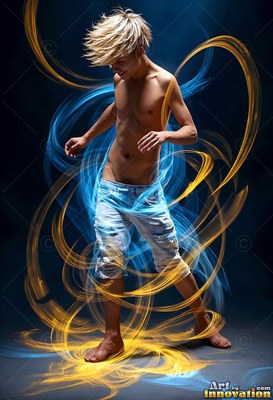 A man with a bare chest pauses in light denim shorts inside loops of blue and golden light