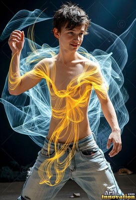 Standing in a dark room, a young man without a shirt holds loops of yellow light