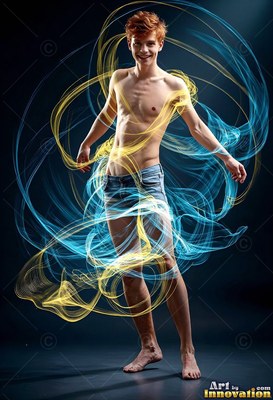 A shirtless redheaded man smiles in denim shorts circled by blue and loops of yellow light streaks