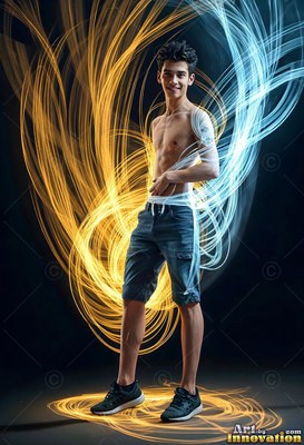 In the dark, a shirtless young man stands framed by loops of gold and bright blue light