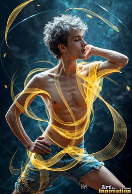 Posing shirtless in denim shorts, a young man is circled by yellow ribbons of light