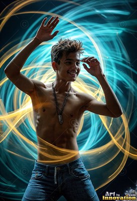 A young man with no shirt dancing in swirling blue and yellow light streaks