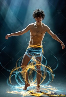 Standing barefoot in a dark room, a smiling man has blue and gold light loops around his legs
