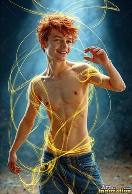 A shirtless young man smiles as bright yellow lines swirl around him
