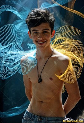 In a dark room, a young man without a shirt smiles between curves of blue and streaks of yellow light