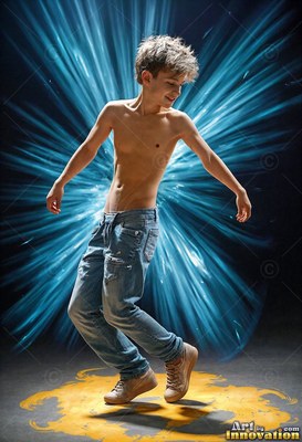Dancing shirtless in jeans, a young man balances over gold paint before blue beams of light