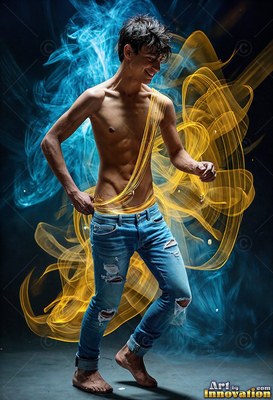 Ripped jeans on a shirtless man in a dark space encircled by blue and yellow light