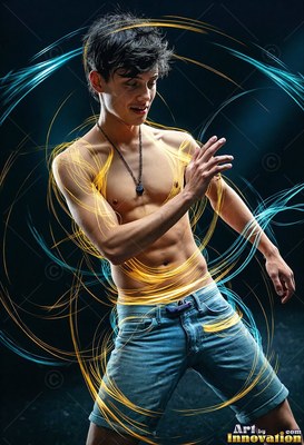 Twisting in a dark studio, a shirtless man holds his position standing inside yellow and bright blue light loops