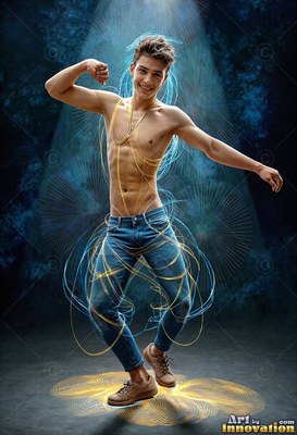 A shirtless young man in blue jeans dances inside loops of blue and gold light