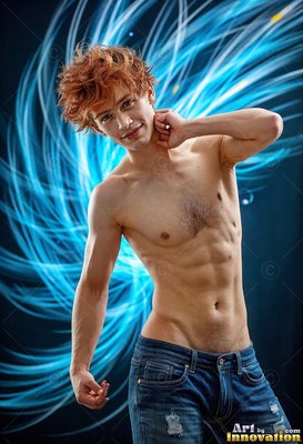 Against a dark background, a shirtless red-haired man poses before bright blue light ribbons